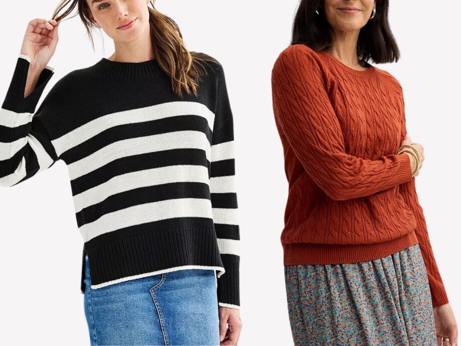 woman wearing a black and white striped sweater and jeans and woman wearing a burnt orange cable knit sweater and a skirt