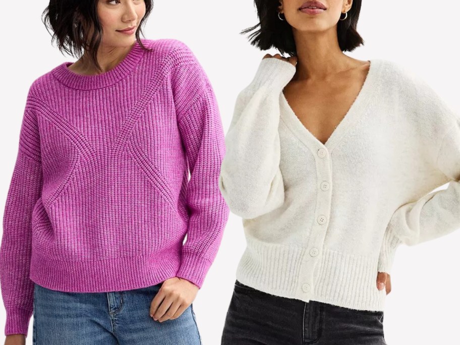 woman wearing a pink chunky knit sweater and jeans and woman wearing a cream vneck button down sweater and jeans