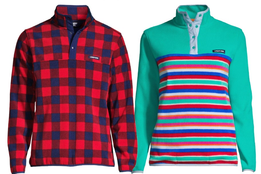 buffalo check and teal stripe fleece pullovers