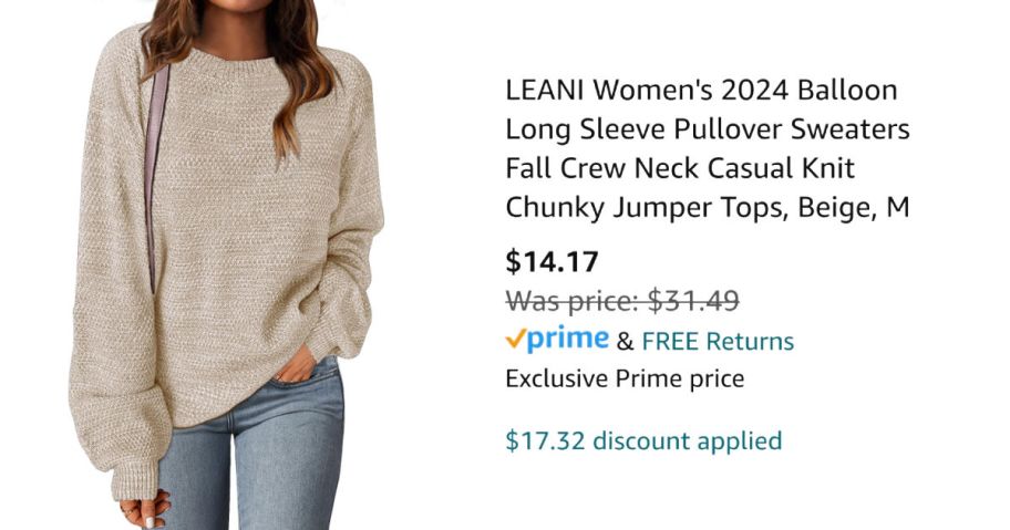 woman wearng beige sweater next to Amazon pricing information