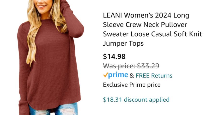 woman wearing rust colored sweater next to Amazon pricing information