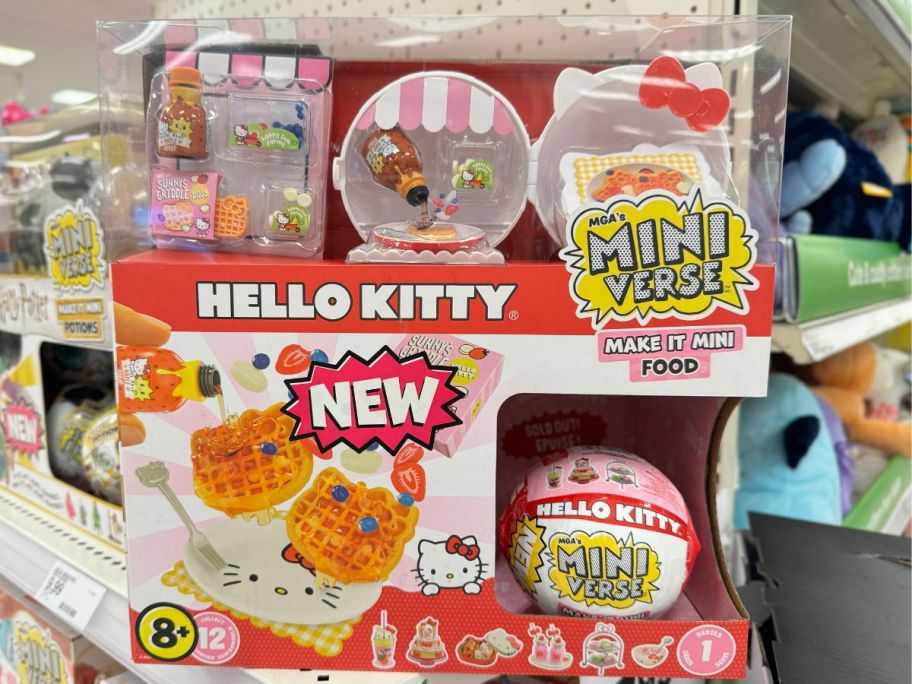 the hello kitty make it mini packaging in store on a shelf. 