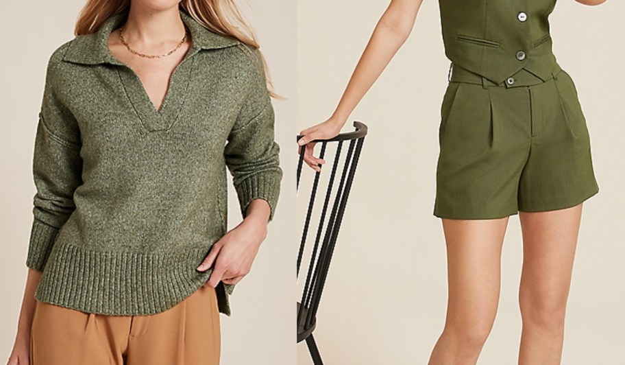 olive sweater and olive shorts