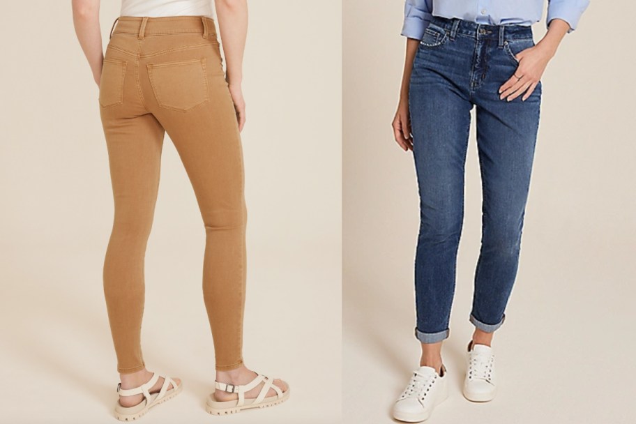 front and back of tan and denim jeans