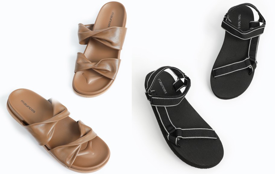 pairs of brown and black sandals