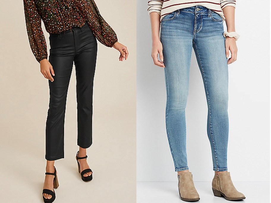 two women wearing black and blue jeans