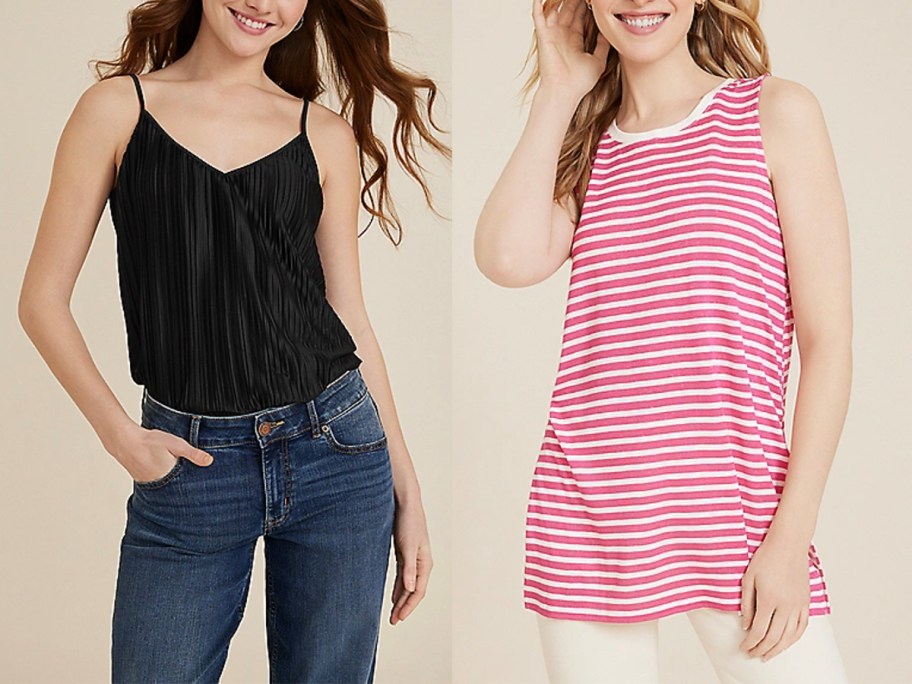 two women wearing black and pink and white striped tops