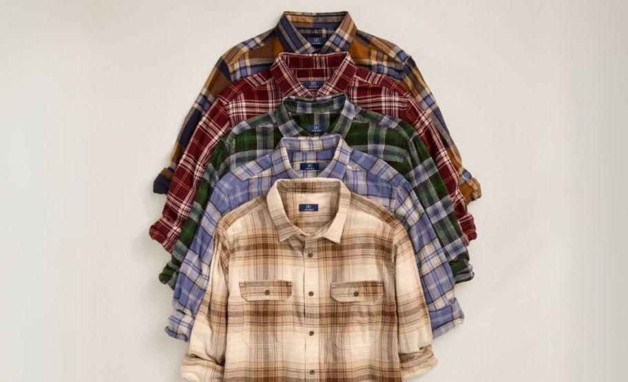 mens flannel shirts in various colored plaids. 