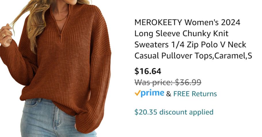 woman wearing rust colored sweater next to Amazon pricing information