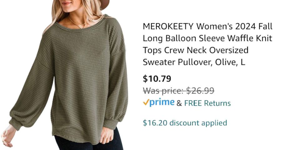 woman wearing olive colored shirt next to Amazon pricing information