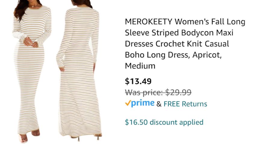 front and back view of striped dress next to Amazon pricing information