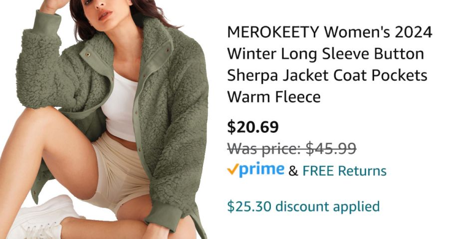 woman wearing green sherpa jacket nex to Amazon pricing information