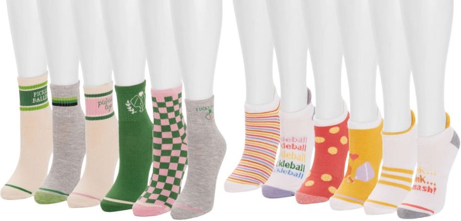 two 6-pack sets of womens ankle socks in various graphics and colors