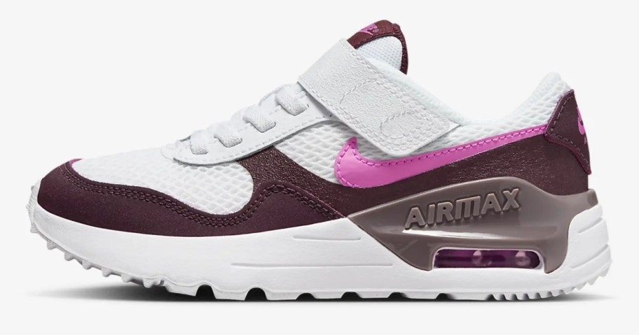 kid's Nike Air Max style shoe in white with dark purple and pink accents