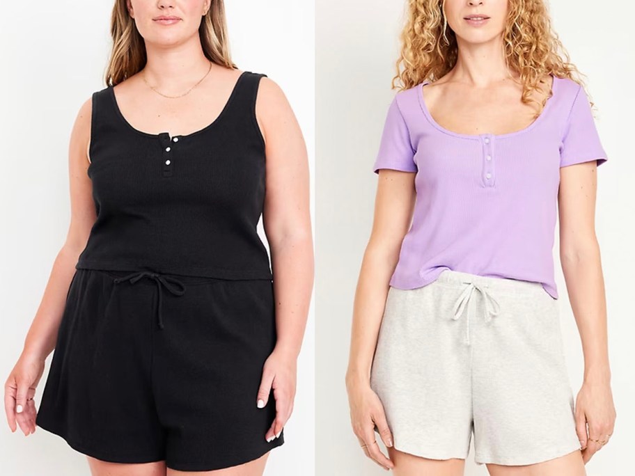 two women wearing black and purple/white pajama tops and shorts