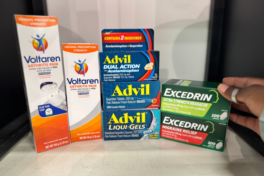 advil, excedrin, and votaren on shelf