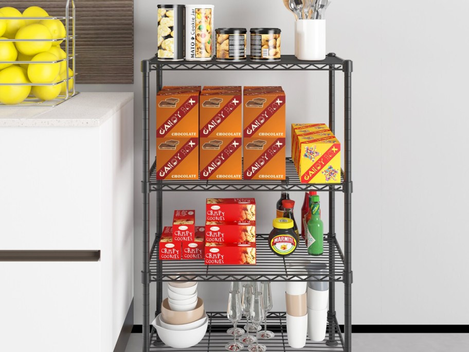 shelving organizer with food on it in the kitchen