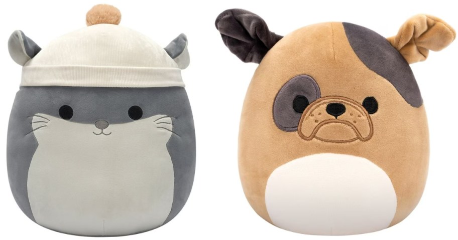 two large Squishmallow plsuh stuffed animals- one is a grey Chinchilla and one is a brown spotted dog