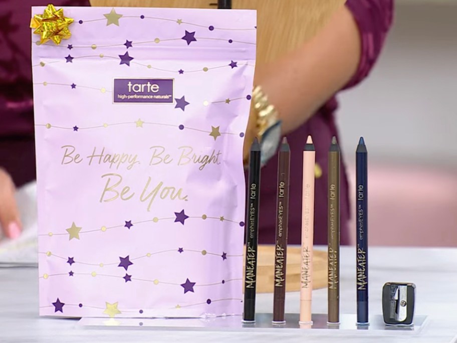 tarte eyeliner set on table with bag