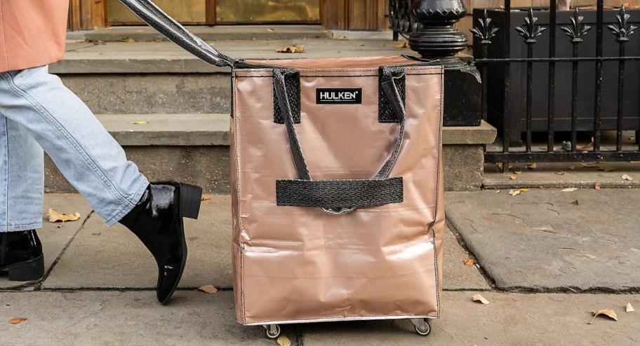 tote bag with wheels and handle on the streets of NY