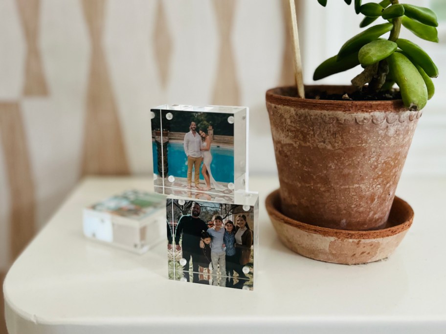 acrylic photo blocks next to plant