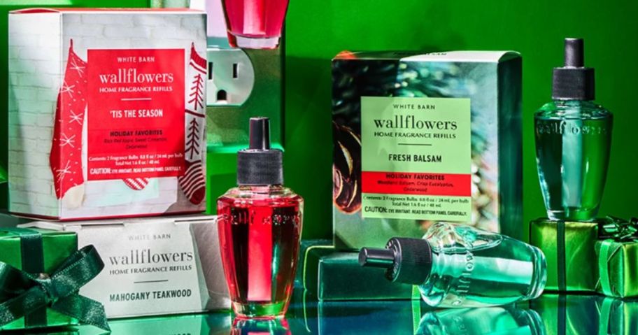 Wallflowers 2-Pack Fragrance Refills on counter in front of plug