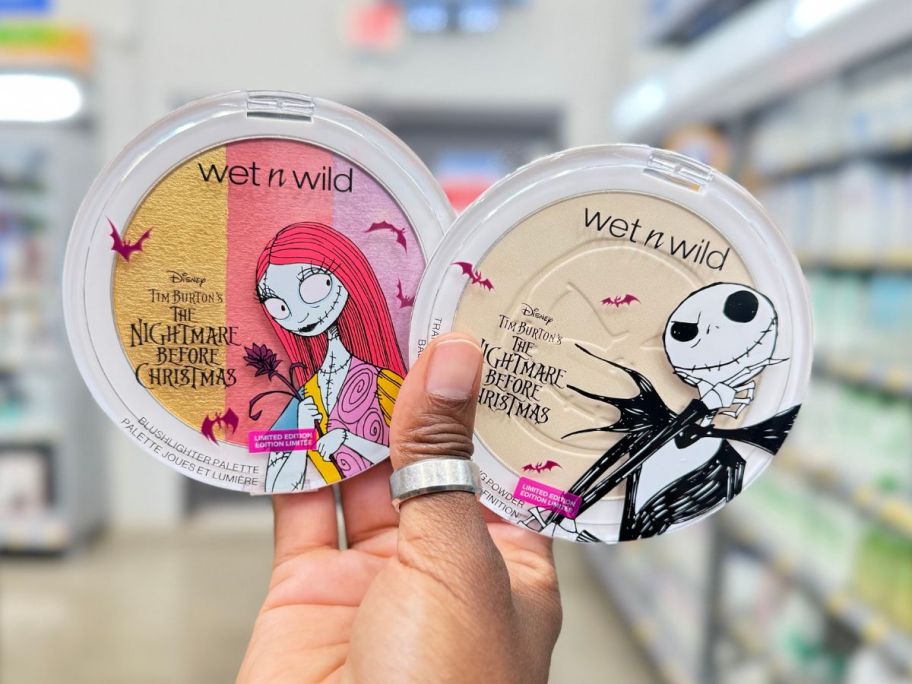 wet n wild Nightmare Before Christmas Translucent Primer + Finishing Powder in hand in store