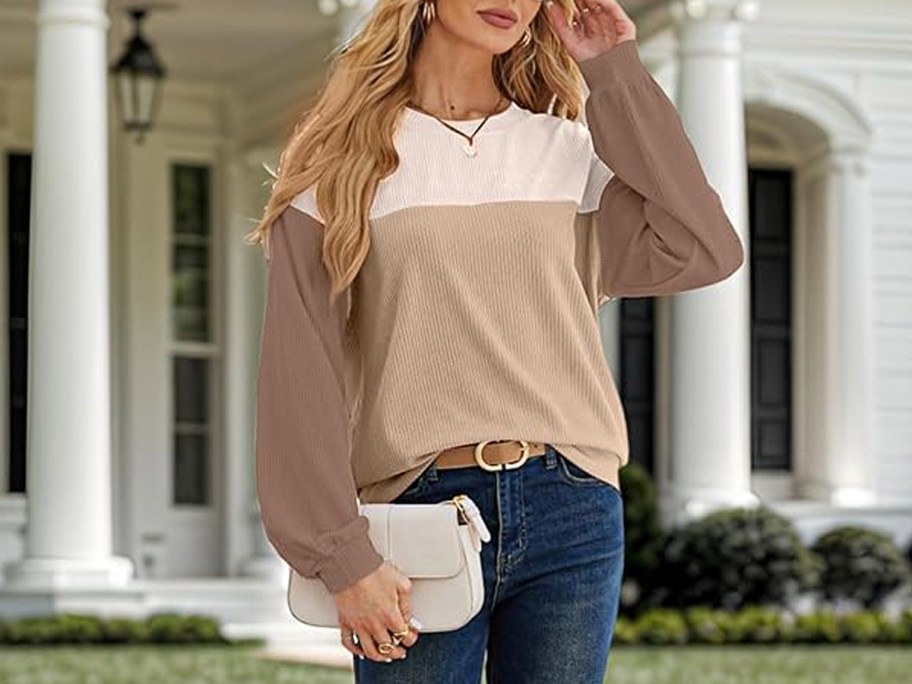 brown, white and kahi colored ribbed long sleeve tee 