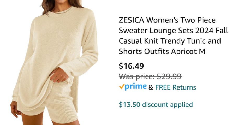 woman wearing beige lounge set next to Amazon pricing informaiton