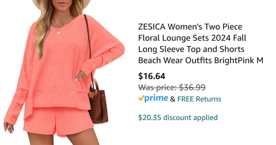 woman wearing coral colored lounge set next to Amazon pricing information