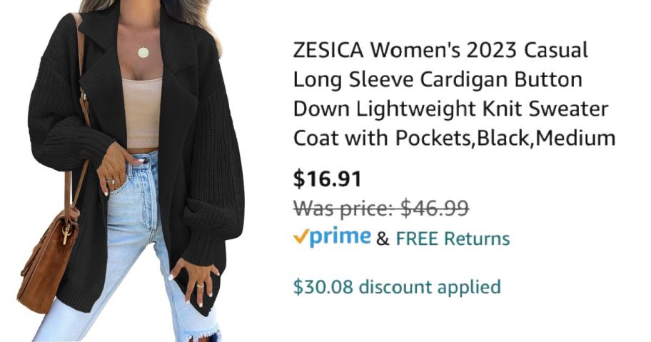 woman wearing black cardigan next to Amazon pricing information