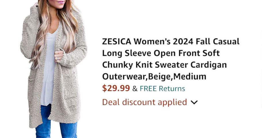 woman wearing beige cardigan next to Amazon pricing information