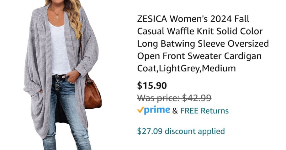 woman wearing gray cardigan next to Amazon pricing information