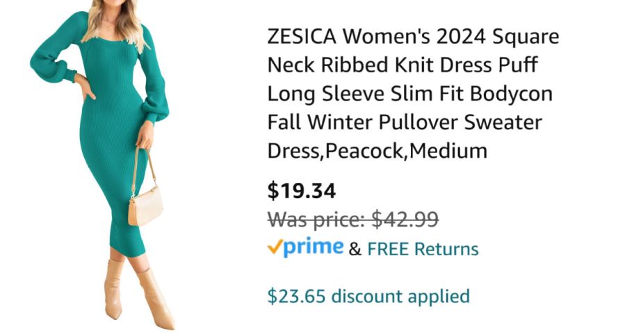 woman wearing green dress next to Amazon pricing information