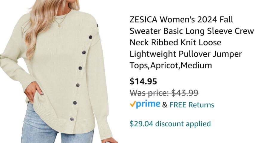 woman wearing beige sweater next to Amazon pricing information