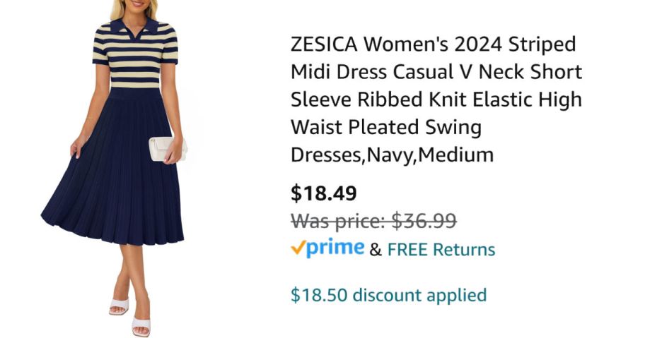 woman wearing striped dress next to Amazon pricing information