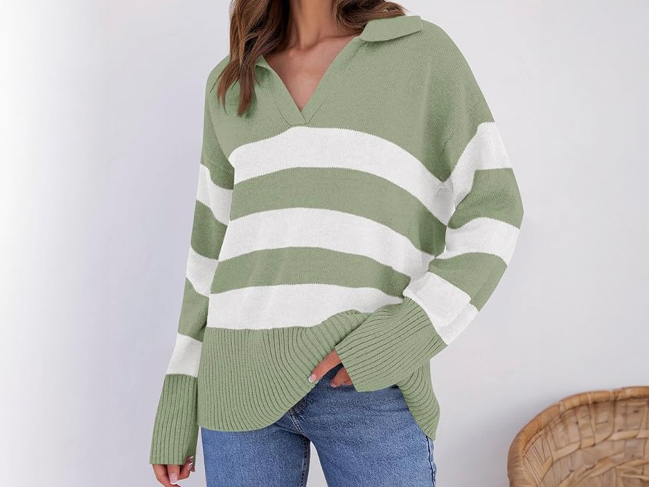 woman wearing green and white striped sweater 