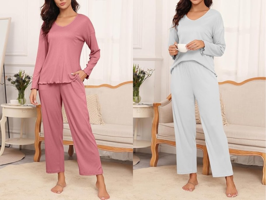 women wearing vneck long sleeve ribbed pajamas / loungewear, one in pink, one in light grey