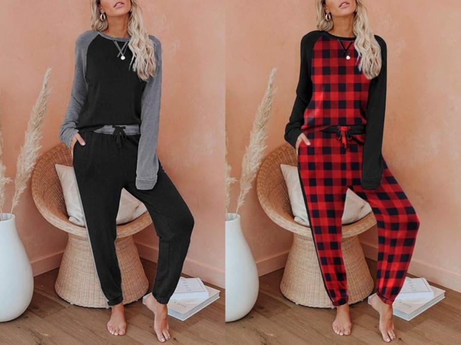 women wearing jogger style long sleeve tops and pants pajamas or loungeware sets, one in black and grey and one in red and black plaid