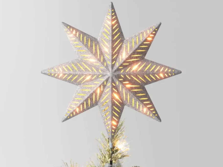 13.5 Pre-lit Glittered 8-Point Star Christmas Tree Topper Silver with Clear Incandescent Lights