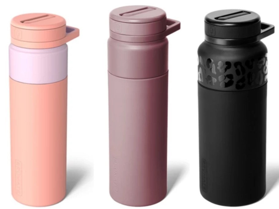 3 Brumate Water Bottles in peach, lavender, and black