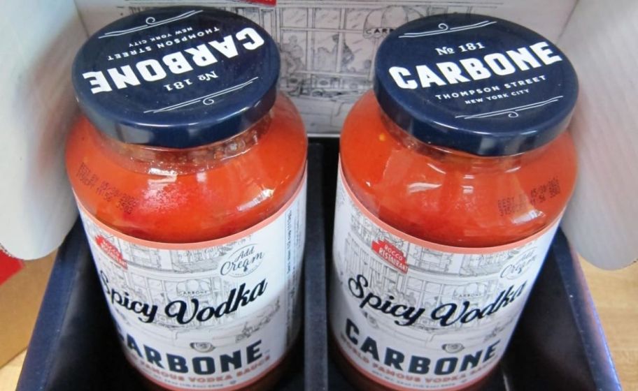 two jars of carbone spicy vodka sauce