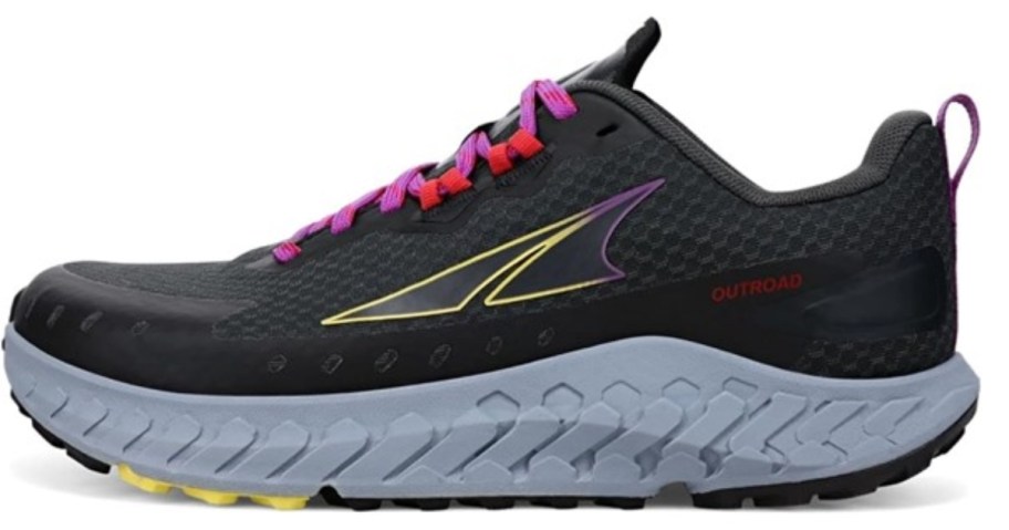 women's dark grey and blue Altra running shoe with orange and yellow accents