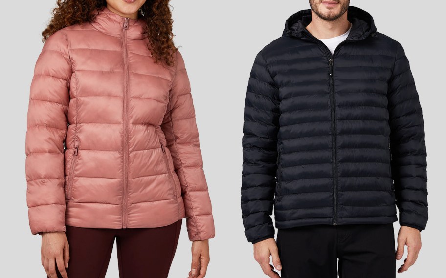 woman and man in pink and black jackets