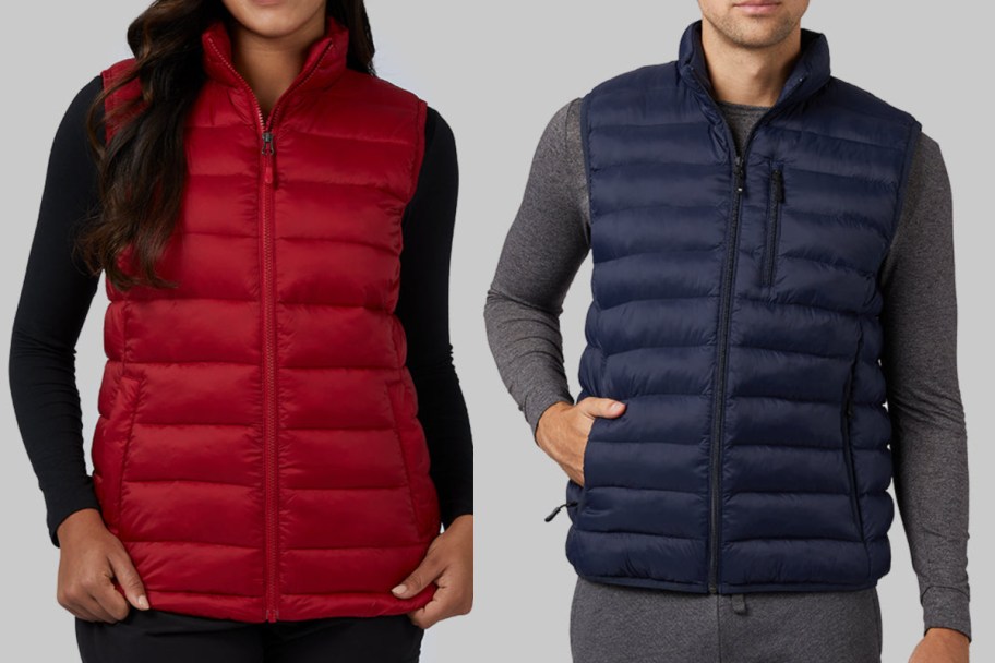 red and blue puffer vests