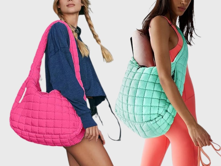 women wearing athleticwear carrying bright color quilted puffer bags