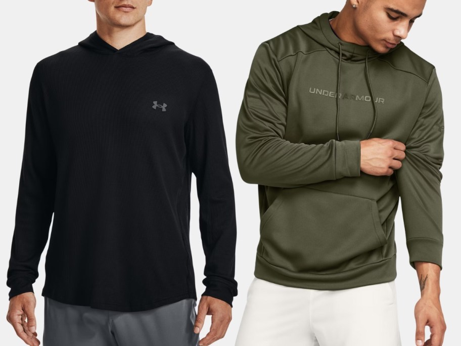 man wearing a black Under Armour hoodie and man wearing an olive army green Under Armour logo hoodie