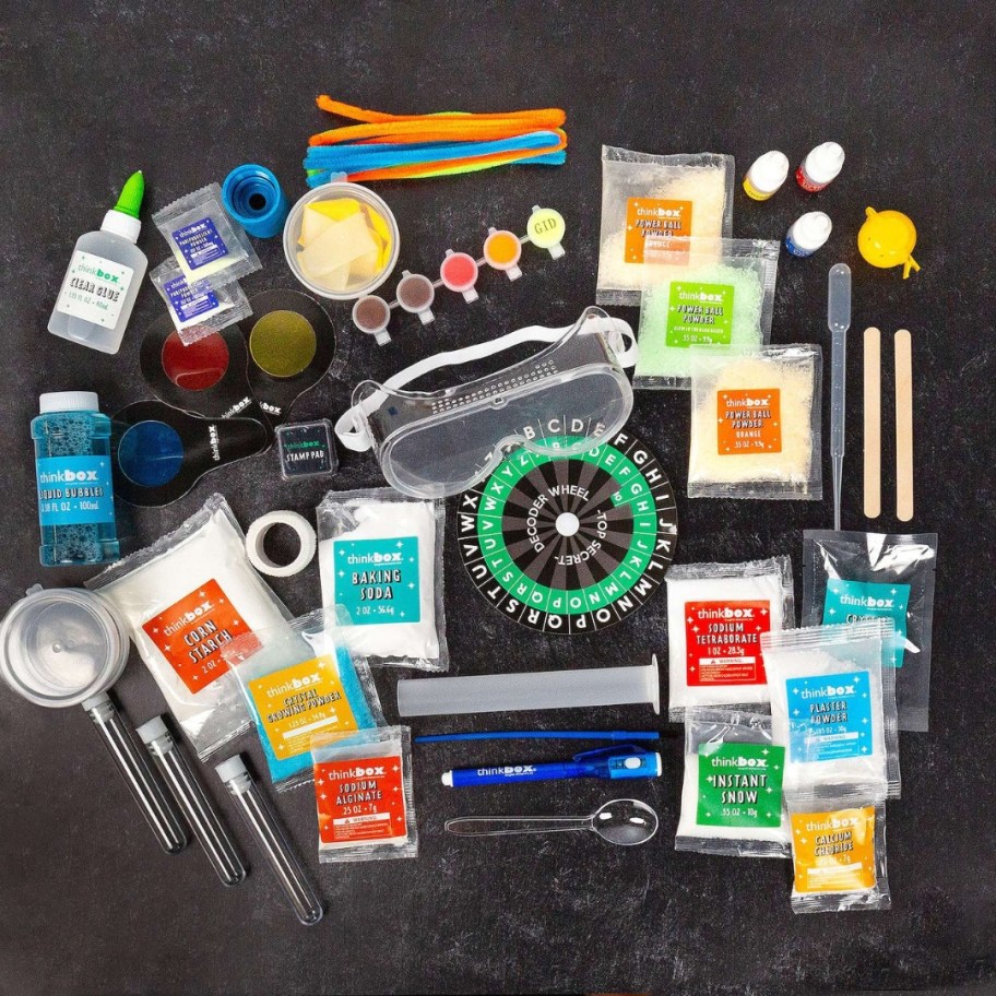 items from a kid's Science activity kit laid out