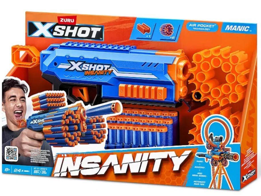 an orange and blue box with a blue and orangeX-Shot Insanity Manic Blaster gun