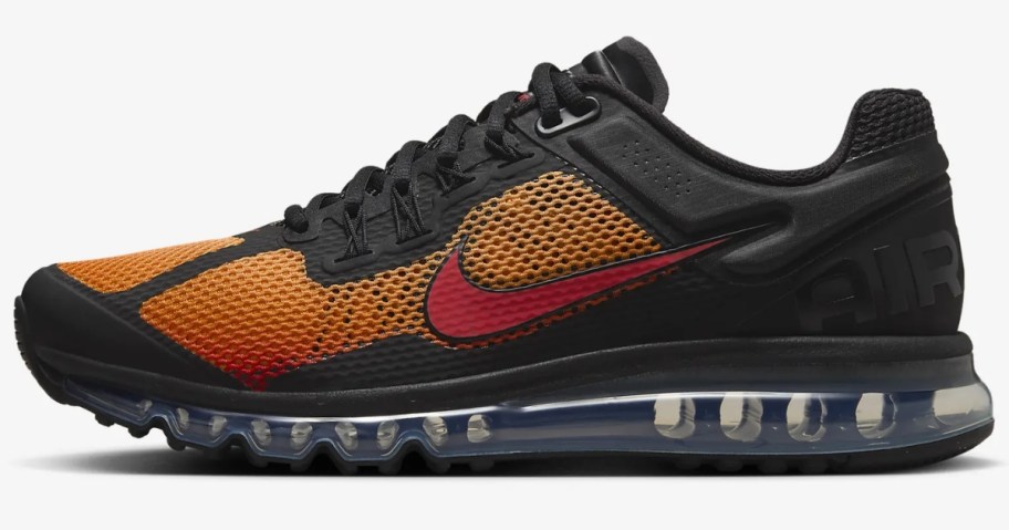 men's Nike Air Max shoes in black with orange and red accents